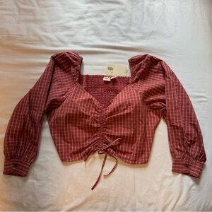 Levi’s Red Plaid Cropped Blouse with Sweetheart Neckline